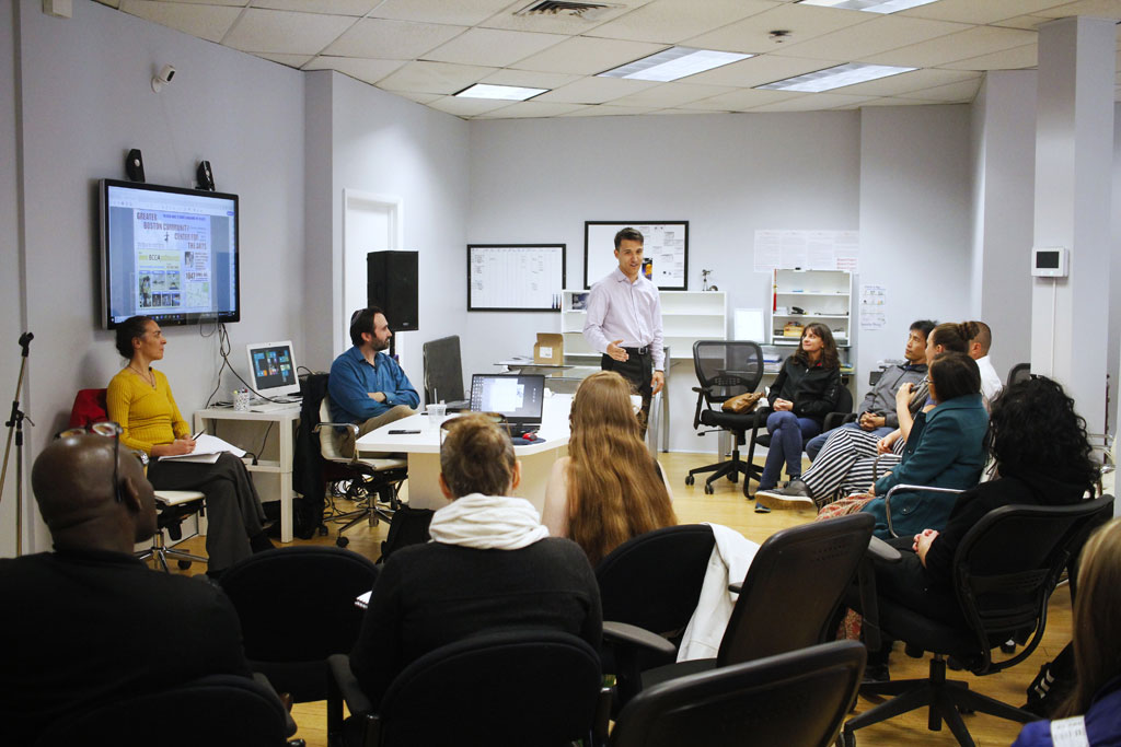 David Dzebic of AdoEma Realty Speaks at His Office During the 11/3/2020 Open House to Launch the CCCA Photo by Diego Marcano Cambridge Day